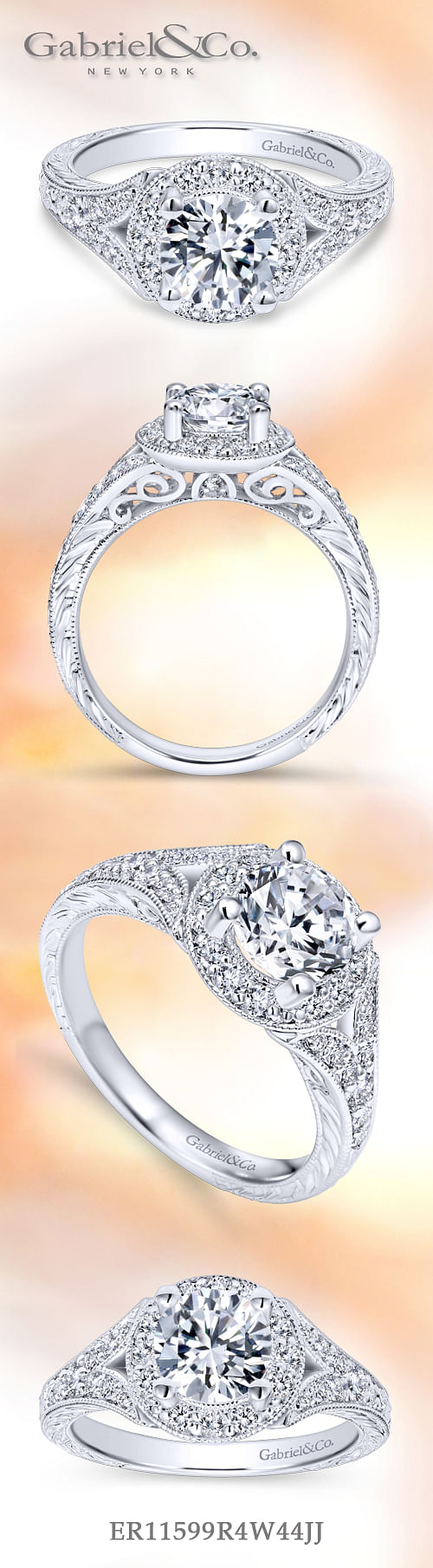 Vintage Inspired 14K White Gold Round Halo Diamond Engagement Ring angle 